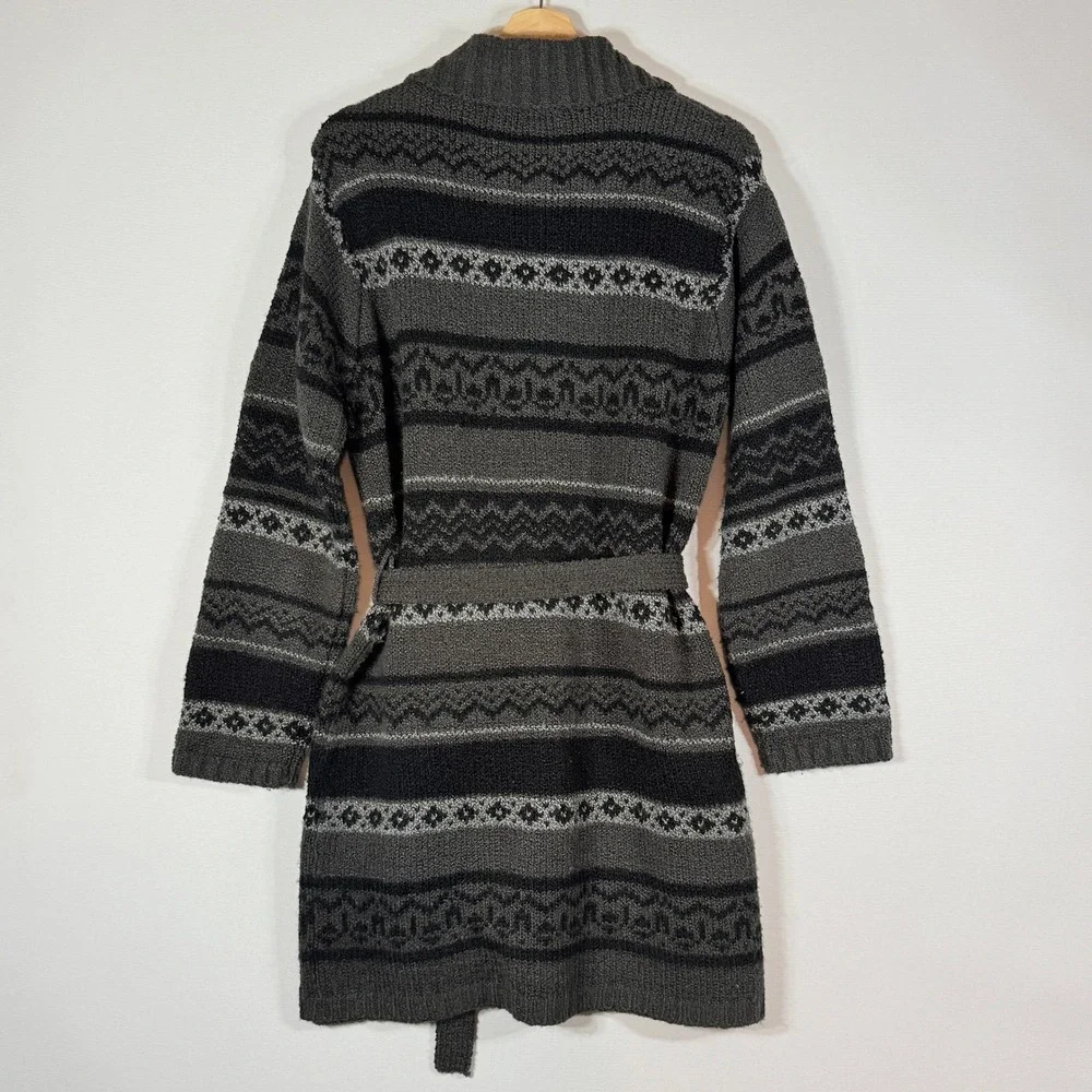 Jennifer Moore Womens‎ Medium Sweater Grey Fair Isle Longline Belted Grandpacore